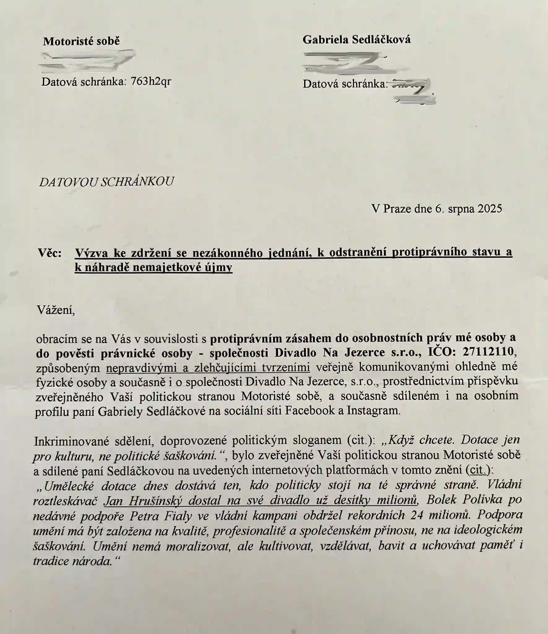 Motoristé sobě a Gabriela Sedláčková čelí předžalobní výzvě 